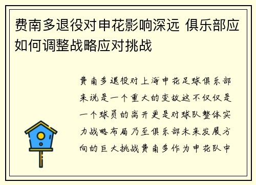 费南多退役对申花影响深远 俱乐部应如何调整战略应对挑战