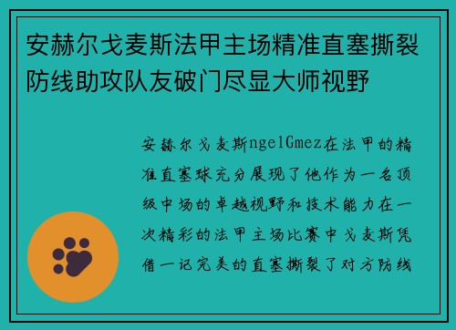 安赫尔戈麦斯法甲主场精准直塞撕裂防线助攻队友破门尽显大师视野